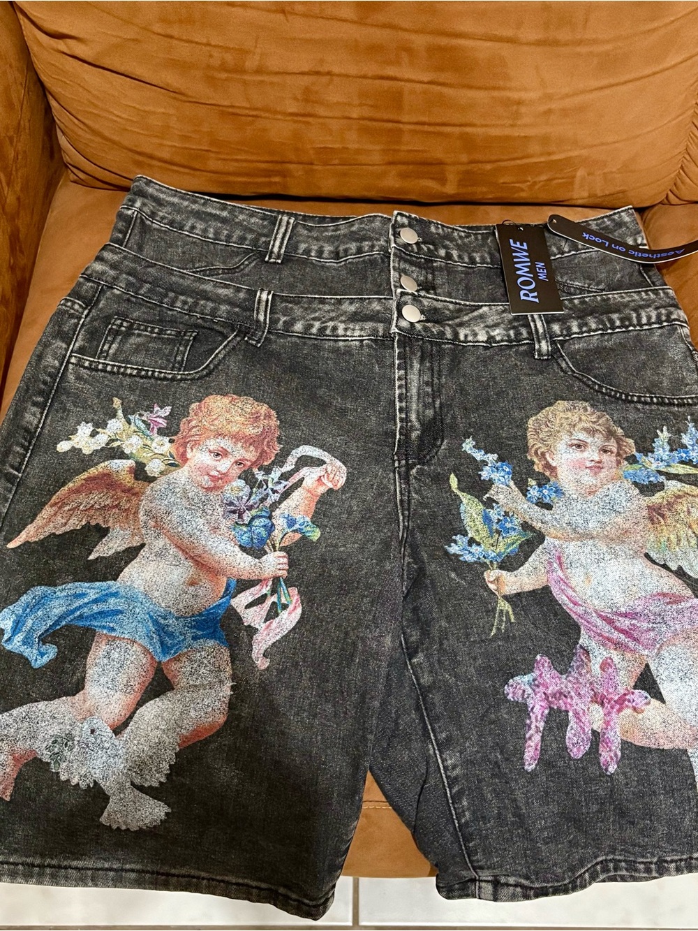 Romwe Men NWT Angel Graphic Denim Shorts Black Size XL US 42